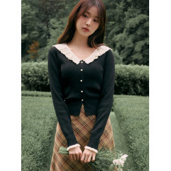 韓代 張元英同款 甜美荷葉花邊領珍珠釦軟糯羊毛針織開衫外套