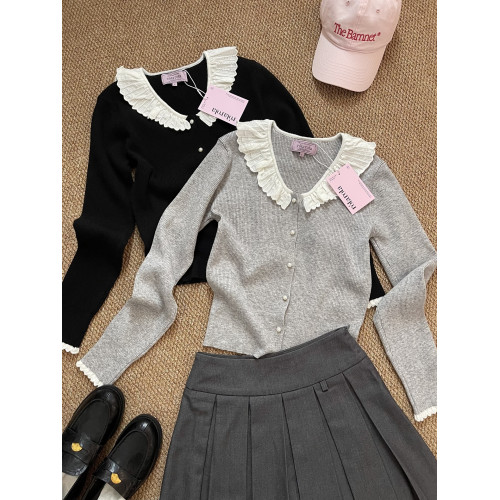 韓代 張元英同款 甜美荷葉花邊領珍珠釦軟糯羊毛針織開衫外套 韓代 張元英同款 甜美荷葉花邊領珍珠釦軟糯羊毛針織開衫外套