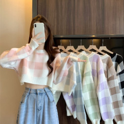 圓領粉色格子針織毛衣女秋冬2025新款時尚內搭寬松小個子短款上衣