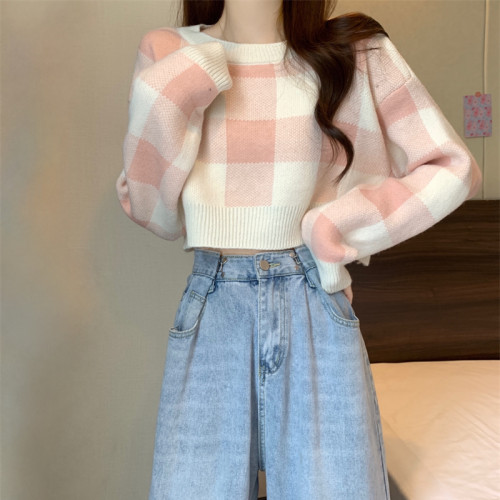 圓領粉色格子針織毛衣女秋冬2025新款時尚內搭寬松小個子短款上衣 圓領粉色格子針織毛衣女秋冬2025新款時尚內搭寬松小個子短款上衣