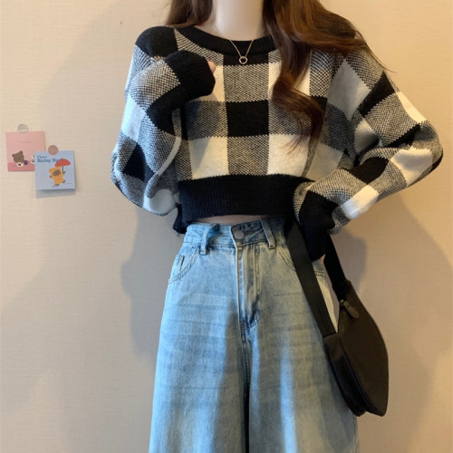 圓領粉色格子針織毛衣女秋冬2025新款時尚內搭寬松小個子短款上衣 圓領粉色格子針織毛衣女秋冬2025新款時尚內搭寬松小個子短款上衣