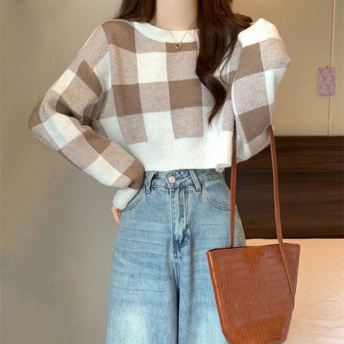 圓領粉色格子針織毛衣女秋冬2025新款時尚內搭寬松小個子短款上衣 圓領粉色格子針織毛衣女秋冬2025新款時尚內搭寬松小個子短款上衣