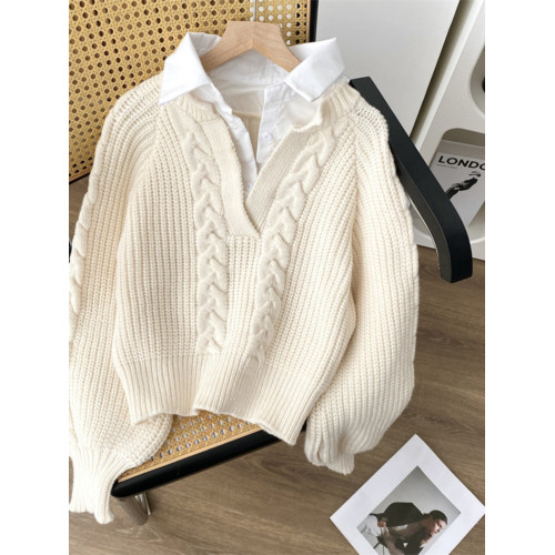 假兩件襯衫毛衣女2024秋冬新款設計感小衆翻領寬松外穿針織衫上衣 假兩件襯衫毛衣女2024秋冬新款設計感小衆翻領寬松外穿針織衫上衣