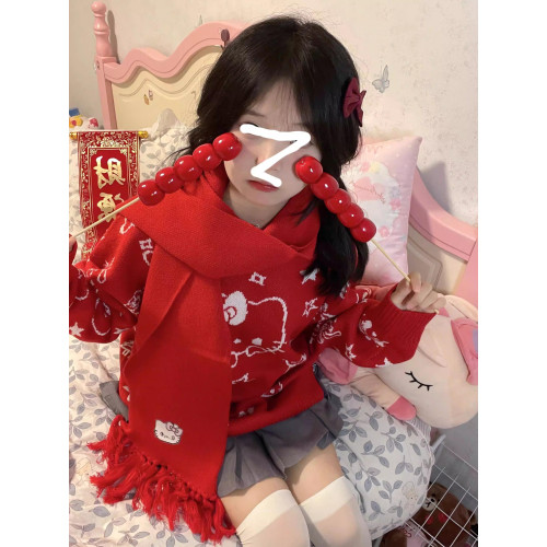 日系復古卡通凱蒂貓毛衣女秋冬寬松慵懶風高初中學生可愛針織上衣 日系復古卡通凱蒂貓毛衣女秋冬寬松慵懶風高初中學生可愛針織上衣