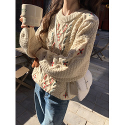 馨幫幫  韓範高級感復古提花圓領毛衣女甜美獨特設計感長袖針織衫