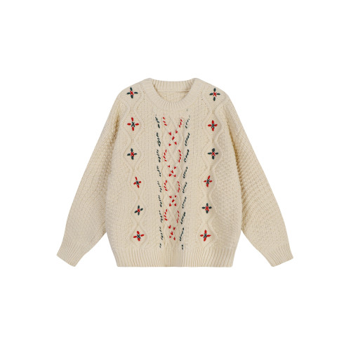 馨幫幫  韓範高級感復古提花圓領毛衣女甜美獨特設計感長袖針織衫