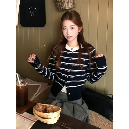 藏青色條紋軟糯慵懶風長袖針織開衫外套毛衣女秋冬季2025新款上衣 藏青色條紋軟糯慵懶風長袖針織開衫外套毛衣女秋冬季2025新款上衣