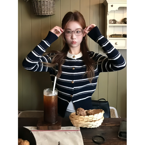 藏青色條紋軟糯慵懶風長袖針織開衫外套毛衣女秋冬季2025新款上衣 藏青色條紋軟糯慵懶風長袖針織開衫外套毛衣女秋冬季2025新款上衣