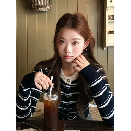 藏青色條紋軟糯慵懶風長袖針織開衫外套毛衣女秋冬季2025新款上衣 藏青色條紋軟糯慵懶風長袖針織開衫外套毛衣女秋冬季2025新款上衣