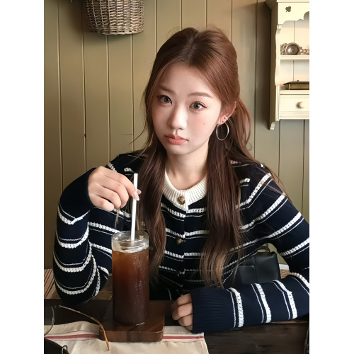 藏青色條紋軟糯慵懶風長袖針織開衫外套毛衣女秋冬季2025新款上衣 藏青色條紋軟糯慵懶風長袖針織開衫外套毛衣女秋冬季2025新款上衣