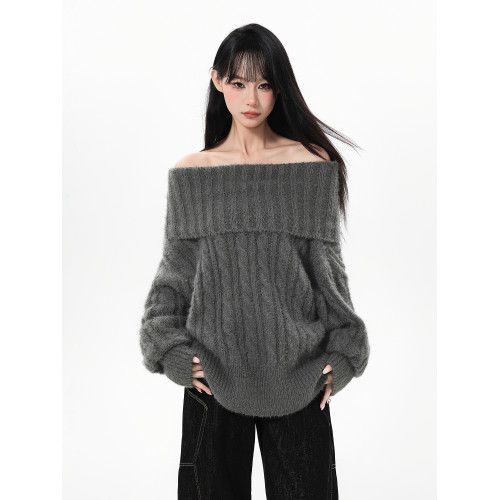 灰色麻花一字肩毛衣女秋冬慵懶風高級感加厚露肩中長款針織衫冬季 灰色麻花一字肩毛衣女秋冬慵懶風高級感加厚露肩中長款針織衫冬季