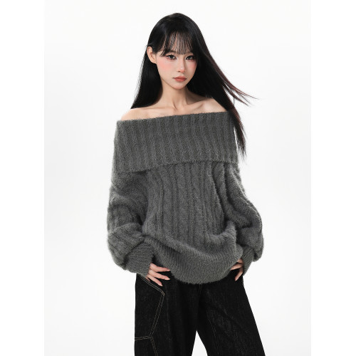 灰色麻花一字肩毛衣女秋冬慵懶風高級感加厚露肩中長款針織衫冬季 灰色麻花一字肩毛衣女秋冬慵懶風高級感加厚露肩中長款針織衫冬季