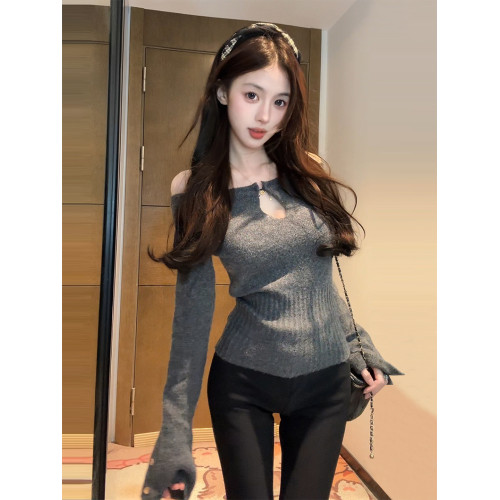 【XIAOBAWANG】灰色一字肩針織毛衣女秋冬小個子絕美氣質小衆上衣 【XIAOBAWANG】灰色一字肩針織毛衣女秋冬小個子絕美氣質小衆上衣