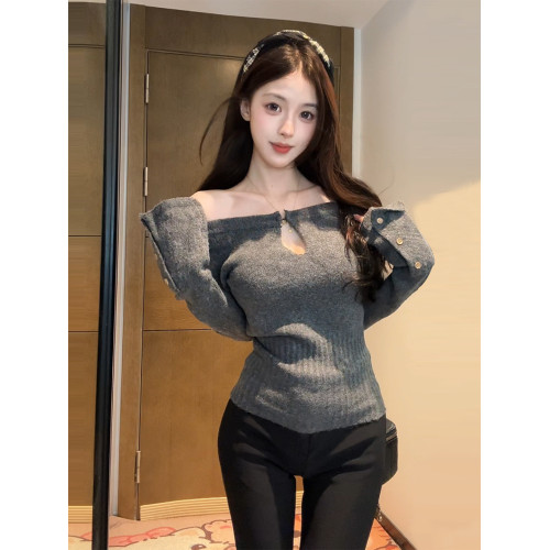 【XIAOBAWANG】灰色一字肩針織毛衣女秋冬小個子絕美氣質小衆上衣 【XIAOBAWANG】灰色一字肩針織毛衣女秋冬小個子絕美氣質小衆上衣