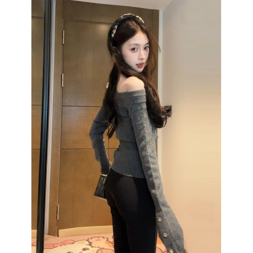 【XIAOBAWANG】灰色一字肩針織毛衣女秋冬小個子絕美氣質小衆上衣 【XIAOBAWANG】灰色一字肩針織毛衣女秋冬小個子絕美氣質小衆上衣