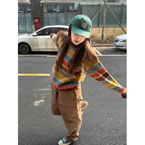 慵懶復古彩條紋毛衣女圓領秋冬長袖百搭鹽系針織套頭軟糯加厚上衣 慵懶復古彩條紋毛衣女圓領秋冬長袖百搭鹽系針織套頭軟糯加厚上衣