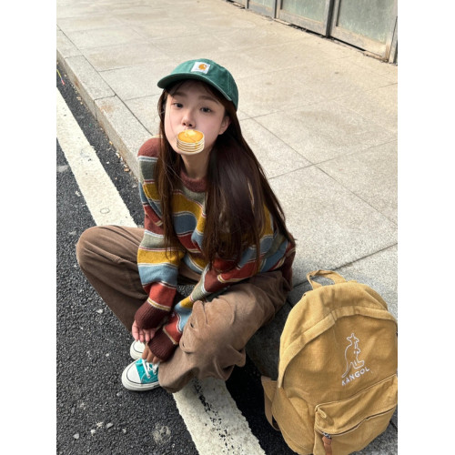 慵懶復古彩條紋毛衣女圓領秋冬長袖百搭鹽系針織套頭軟糯加厚上衣 慵懶復古彩條紋毛衣女圓領秋冬長袖百搭鹽系針織套頭軟糯加厚上衣
