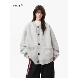 灰色重磅大口袋開衫毛衣女男秋冬季新款慵懶松弛感針織衫外套情侶