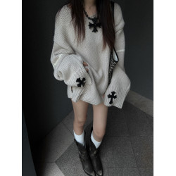 韓系慵懶風毛衣女冬季加厚十字架貼皮粗針針織衫寬松長袖上衣小衆