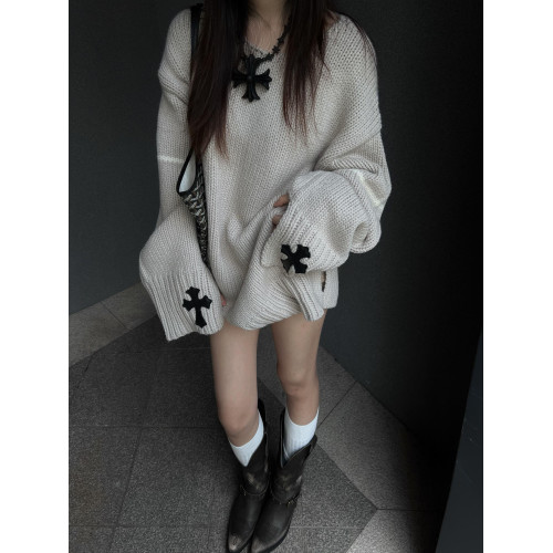 韓系慵懶風毛衣女冬季加厚十字架貼皮粗針針織衫寬松長袖上衣小衆 韓系慵懶風毛衣女冬季加厚十字架貼皮粗針針織衫寬松長袖上衣小衆