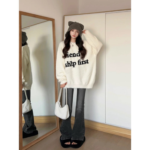 寬松慵懶風長袖針織2025秋冬季新款韓版休閒白色水貂絨軟糯毛衣女