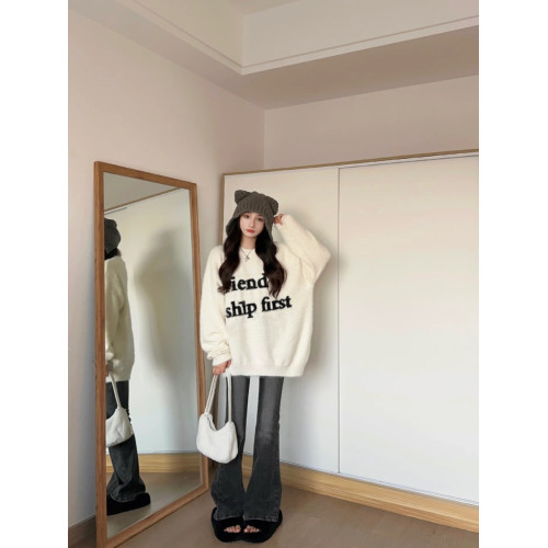 寬松慵懶風長袖針織2025秋冬季新款韓版休閒白色水貂絨軟糯毛衣女