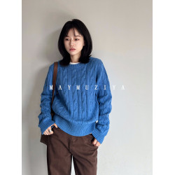MAY MUZIYA克萊因藍針織衫女2025秋冬百搭寬松圓領套頭麻花毛衣
