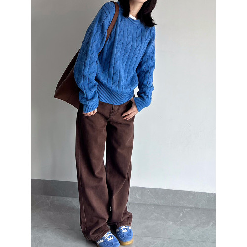 MAY MUZIYA克萊因藍針織衫女2025秋冬百搭寬松圓領套頭麻花毛衣