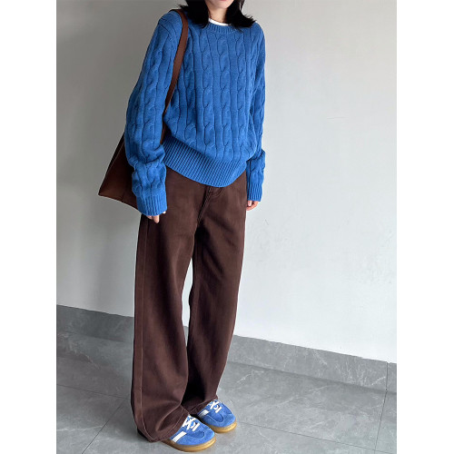 MAY MUZIYA克萊因藍針織衫女2025秋冬百搭寬松圓領套頭麻花毛衣