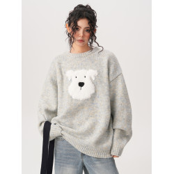 BWKA韓系毛絨小狗提花毛衣女男秋冬重磅寬松加厚慵懶風軟糯針織衫