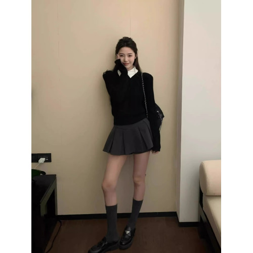 韓系假兩件襯衫領毛衣女秋冬小個子黑色慵懶高級感針織衫短款上衣
