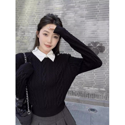 韓系假兩件襯衫領毛衣女秋冬小個子黑色慵懶高級感針織衫短款上衣