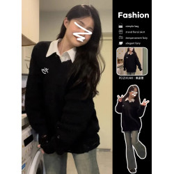 韓系慵懶風黑色針織V領毛衣女秋冬季2025新款軟糯小個子內搭上衣