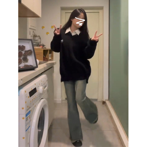 韓系慵懶風黑色針織V領毛衣女秋冬季2025新款軟糯小個子內搭上衣