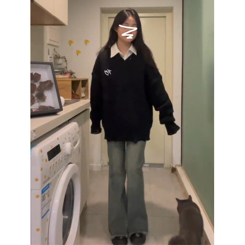 韓系慵懶風黑色針織V領毛衣女秋冬季2025新款軟糯小個子內搭上衣