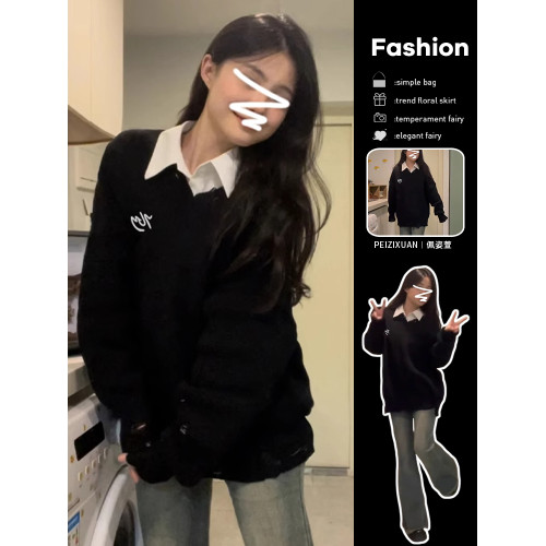 韓系慵懶風黑色針織V領毛衣女秋冬季2025新款軟糯小個子內搭上衣