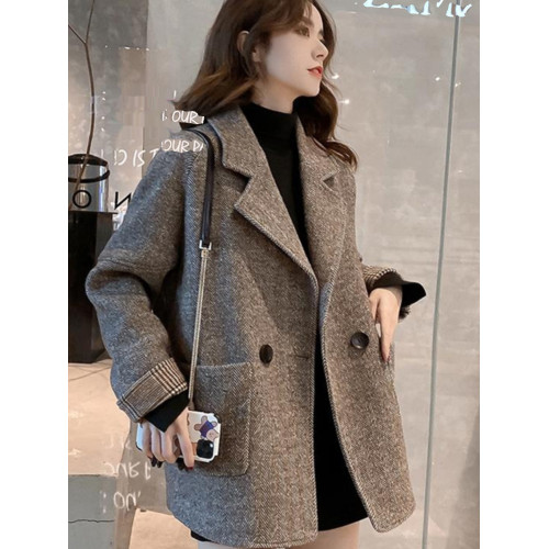 流行新款西裝外套女秋冬小個子韓版英倫風毛呢加厚寬松休閒小西服