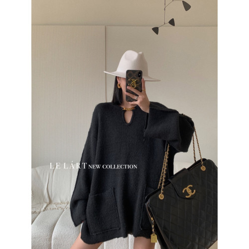 2025冬季新款韓版設計感鏈子中長款寬松毛衣女小衆懶惰風針織上衣