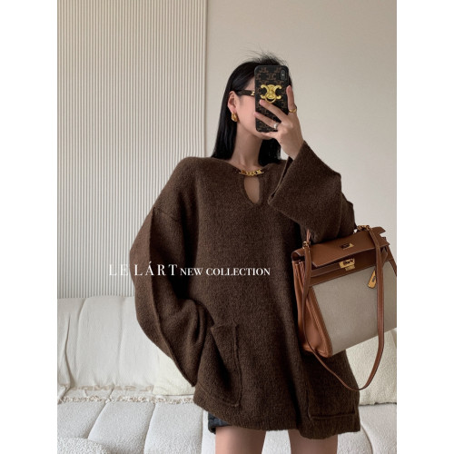 2025冬季新款韓版設計感鏈子中長款寬松毛衣女小衆懶惰風針織上衣