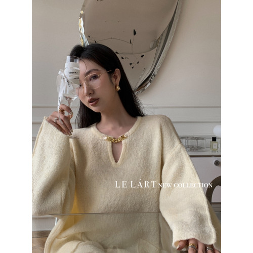 2025冬季新款韓版設計感鏈子中長款寬松毛衣女小衆懶惰風針織上衣