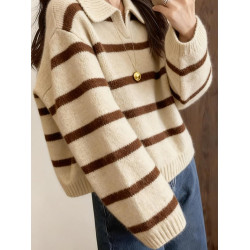 韓系慵懶風棕色條紋Polo領毛衣2025秋季軟糯寬松加厚套頭針織上衣