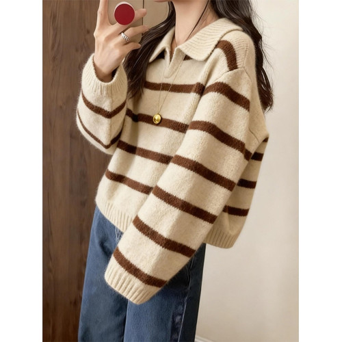 韓系慵懶風棕色條紋Polo領毛衣2025秋季軟糯寬松加厚套頭針織上衣