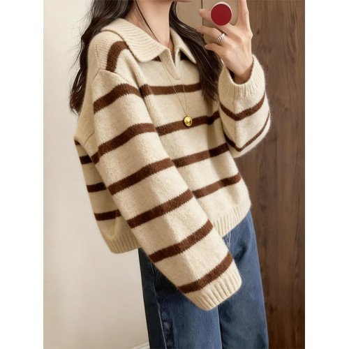 韓系慵懶風棕色條紋Polo領毛衣2025秋季軟糯寬松加厚套頭針織上衣