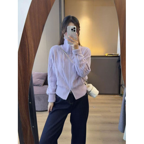 黃色高領麻花雙拉鍊開衫毛衣女秋冬季加厚慵懶風短款翻領針織外套 黃色高領麻花雙拉鍊開衫毛衣女秋冬季加厚慵懶風短款翻領針織外套