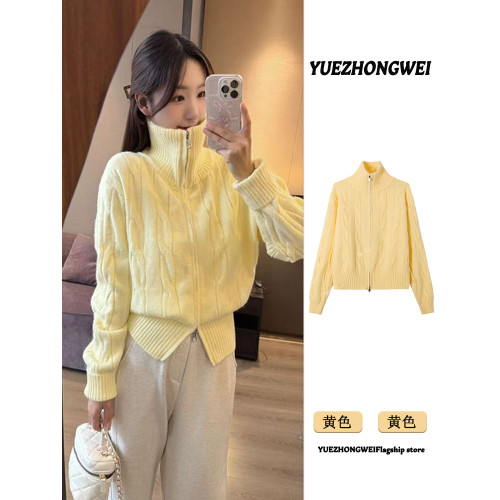 黃色高領麻花雙拉鍊開衫毛衣女秋冬季加厚慵懶風短款翻領針織外套 黃色高領麻花雙拉鍊開衫毛衣女秋冬季加厚慵懶風短款翻領針織外套