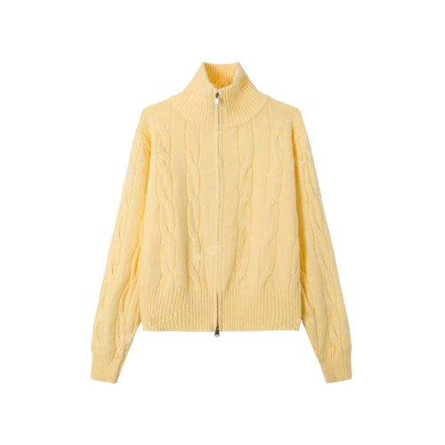 黃色高領麻花雙拉鍊開衫毛衣女秋冬季加厚慵懶風短款翻領針織外套 黃色高領麻花雙拉鍊開衫毛衣女秋冬季加厚慵懶風短款翻領針織外套