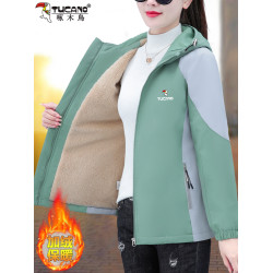 啄木鳥加絨沖鋒衣外套女士2025秋冬新款中年媽媽休閒百搭夾克上衣