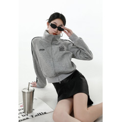 ICH MODE 美式修身短款黑色外套女2026新款春季運動連帽衛衣開衫