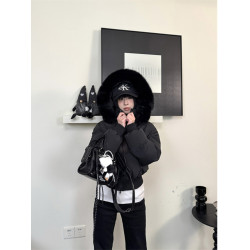 黑色大毛領連帽羽絨棉服女冬季2024新款美式加厚保暖短款棉衣外套