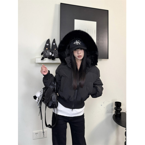 黑色大毛領連帽羽絨棉服女冬季2024新款美式加厚保暖短款棉衣外套 黑色大毛領連帽羽絨棉服女冬季2024新款美式加厚保暖短款棉衣外套